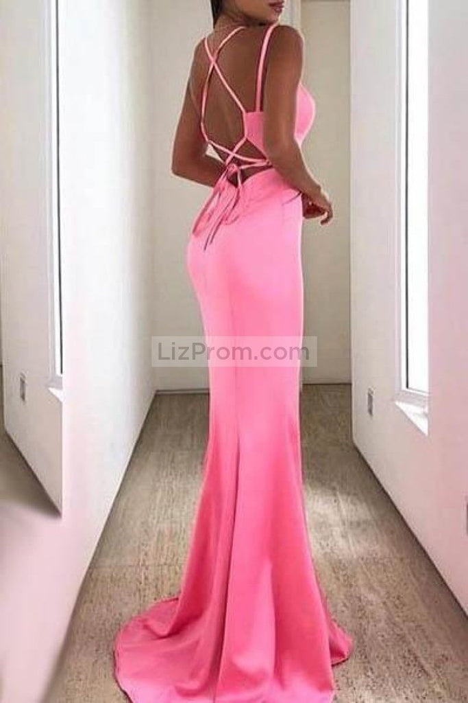 Candy Pink Lace-Up V-Neck Slit Mermaid Evening Prom Dress Dresses
