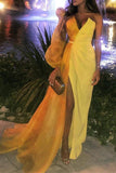 Chic Puff Sleeve A-Line Slit V-Neck Evening Prom Dress Dresses