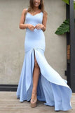 Light Sky Blue Mermaid Slit V-Neck Open Back Evening Prom Dress Dresses