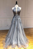 Elegant Gray A-Line Open Back Applique Prom Dress Evening Gown Dresses