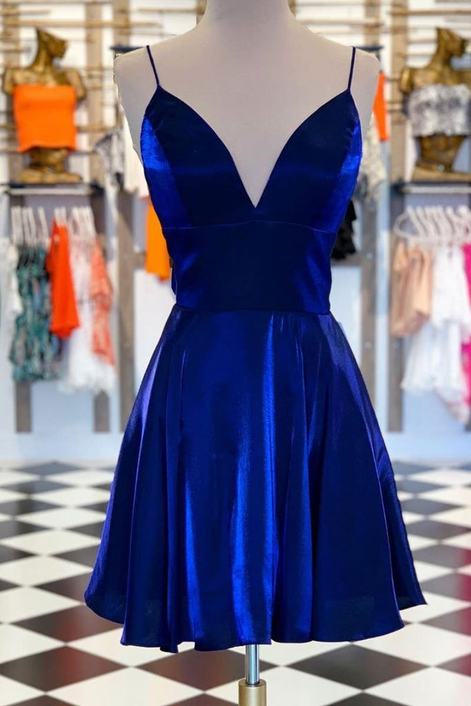 Simple Royal Blue V-neck Spaghetti Straps Homecoming Prom Dress