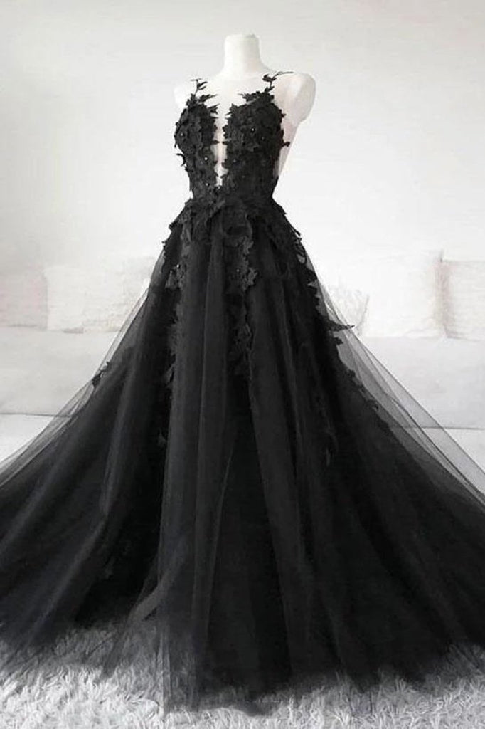 Black Applique V-Neck Spaghetti Straps Princess Prom Ball Gown Dresses