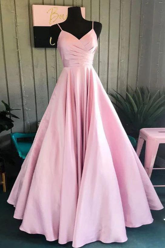 Blushing Pink Spaghetti Straps Ruffled V-neck Prom Dress