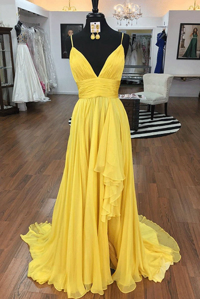 Yellow Open Back Spaghetti Straps A-line Ruffled Prom Dress