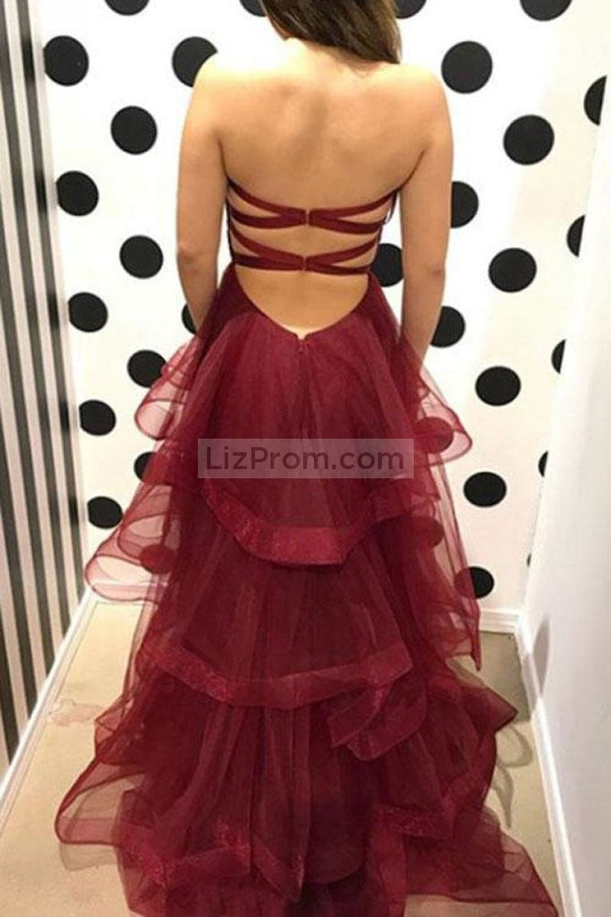 Burgundy Strapless Sweetheart Ruffled A-Line Ball Gown Prom Dress Dresses