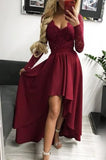 Burgundy V-neck High Low Lace Prom Dress With Sleeves