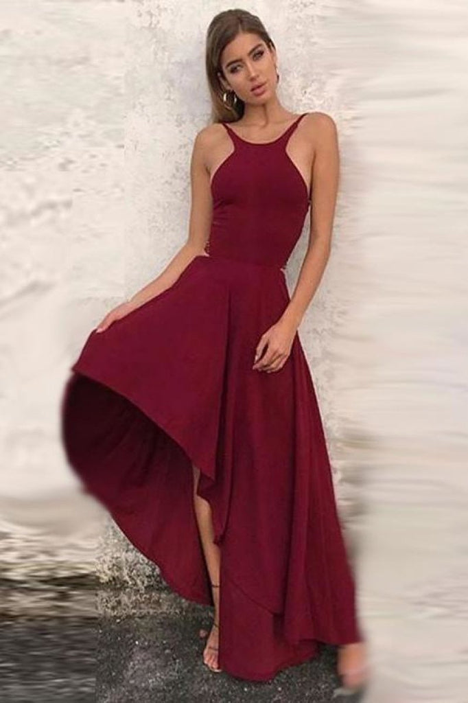 Burgundy High Low Backless Sleeveless Party Prom Dress