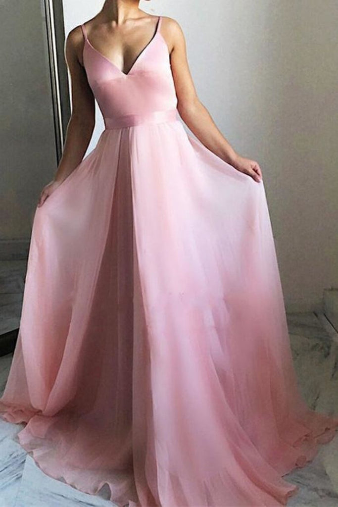 A-line Tulle Pink Spaghetti Straps V-neck Backless Prom Dress