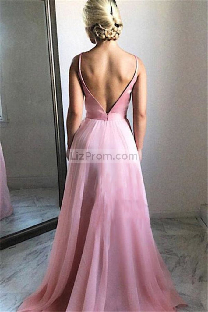 A-line Tulle Pink Spaghetti Straps V-neck Backless Prom Dress