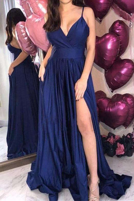 Navy Blue Spaghetti Straps Open Back Sleeveless A-line Prom Evening Dress