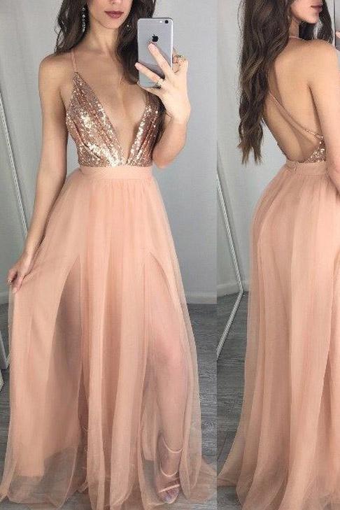 A-line Sexy Spaghetti Straps Low V-neck Sequined Prom Dress