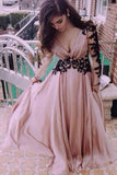 A-line V-neck Applique Prom Evening Dress With Long Sleeves
