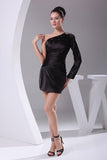 Black One-shoulder Beaded Prom Short Dress With Sleeves