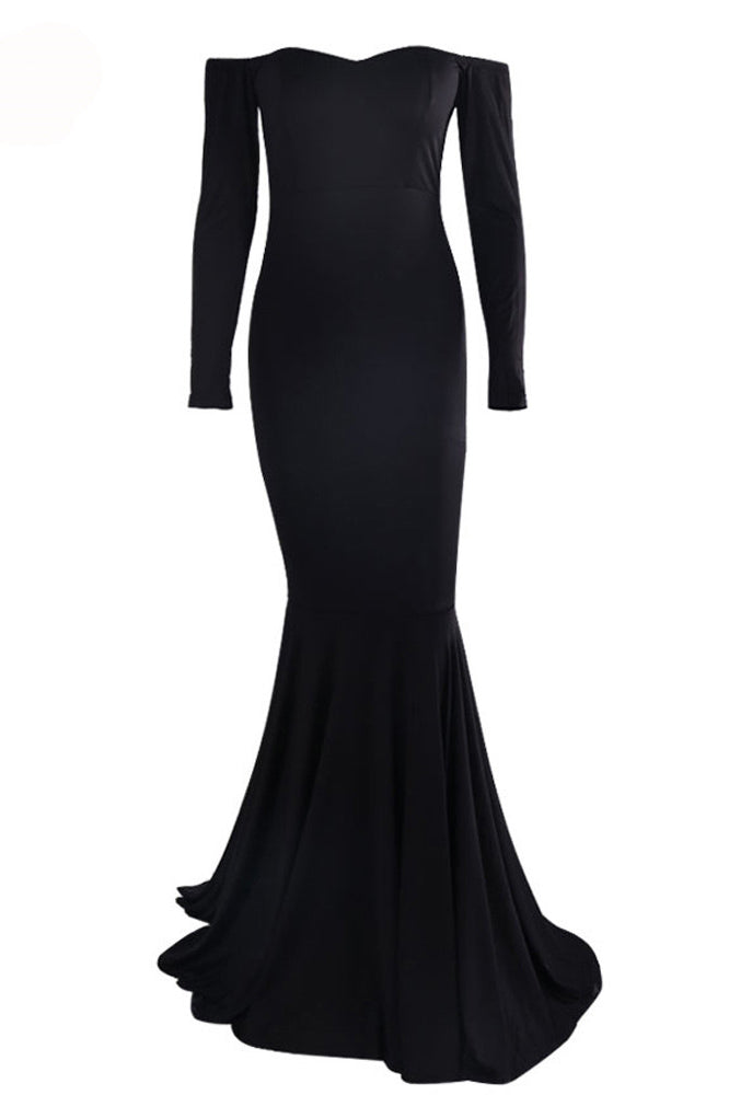 Black Long Sleeve Off Shoulder Mermaid Evening Prom Gown