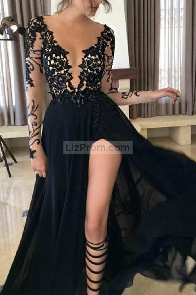 Black A-Line Chiffon Long Sleeves Slit Deep V-Neck Appliques Lace Prom Dress Dresses