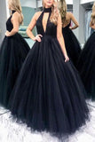 Black Cut Out Backless Tulle High Neck Ball Gown