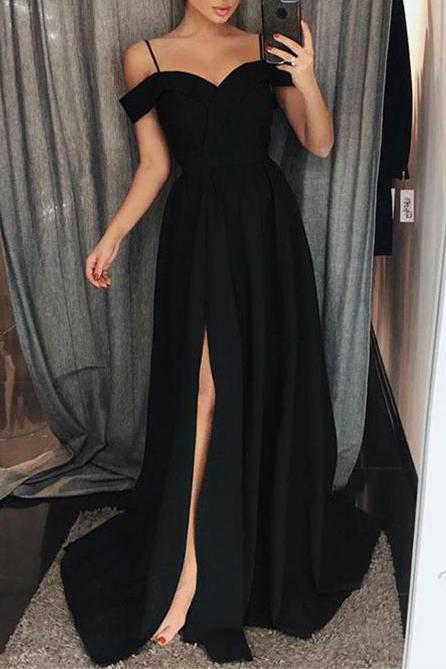 Black Spaghetti Straps Thigh-high Split Evening Prom Dress