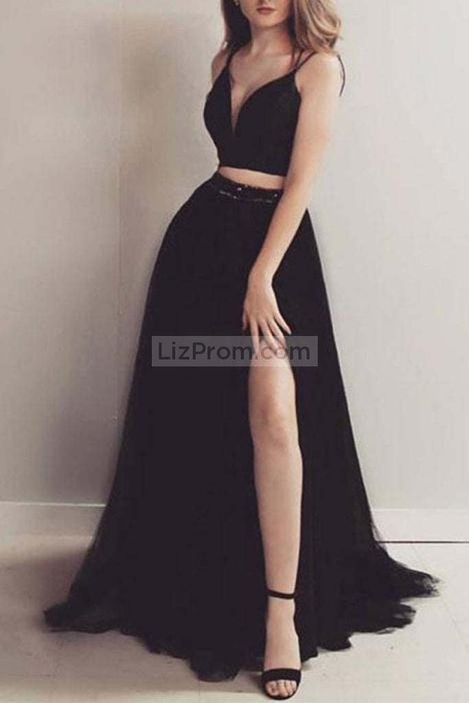 Black Two Pieces V-Neck Split Spaghetti Straps Tulle Evening Prom Dress Dresses