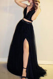 Black Two Pieces V-neck Thigh-high Slit Prom Dress