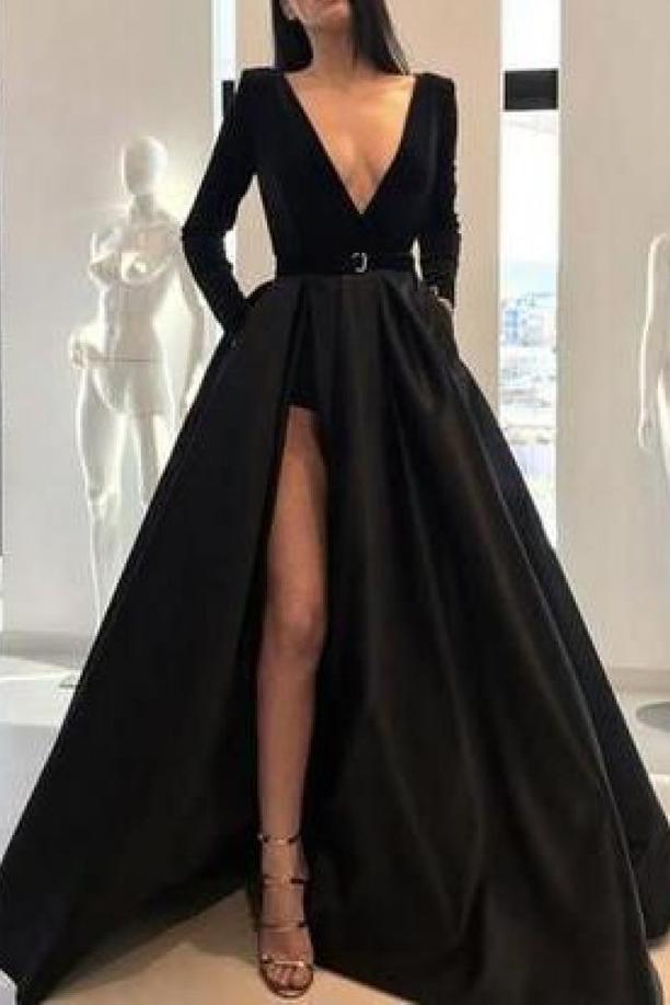 Black Deep V-neck Velvet Prom Dress With Sleeves