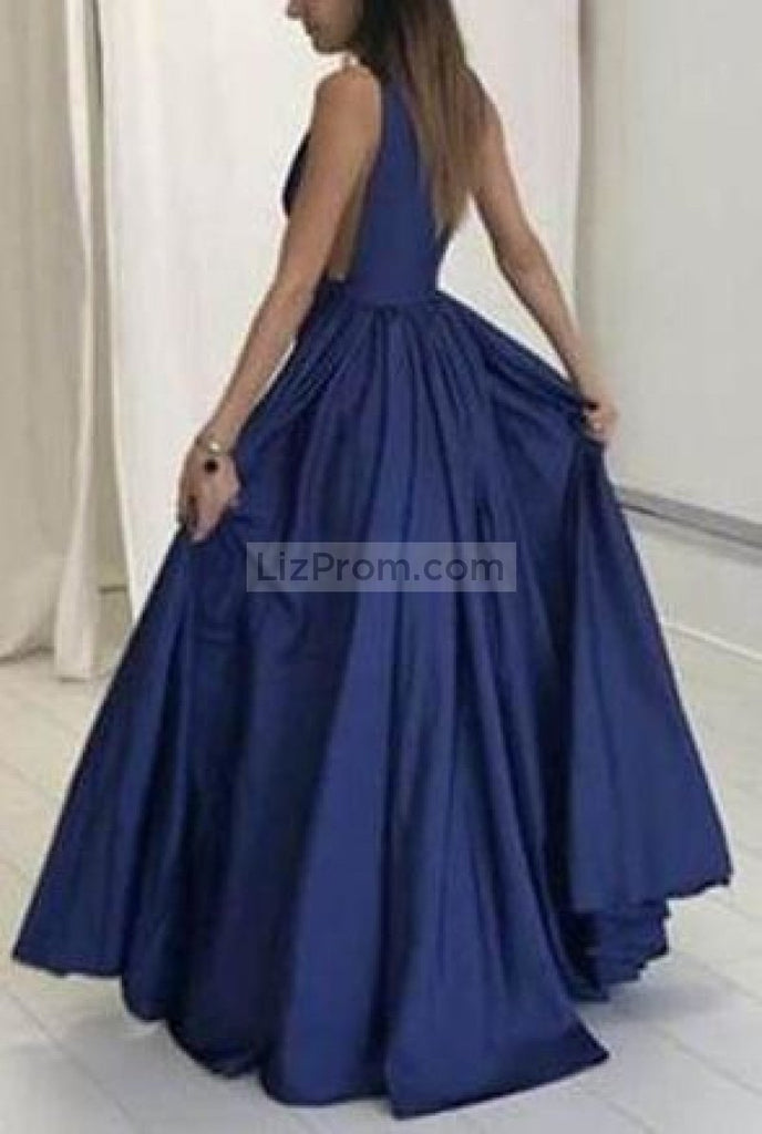 Blue Deep V-Neck Backless A-Line Navy Long Prom Dress Dresses