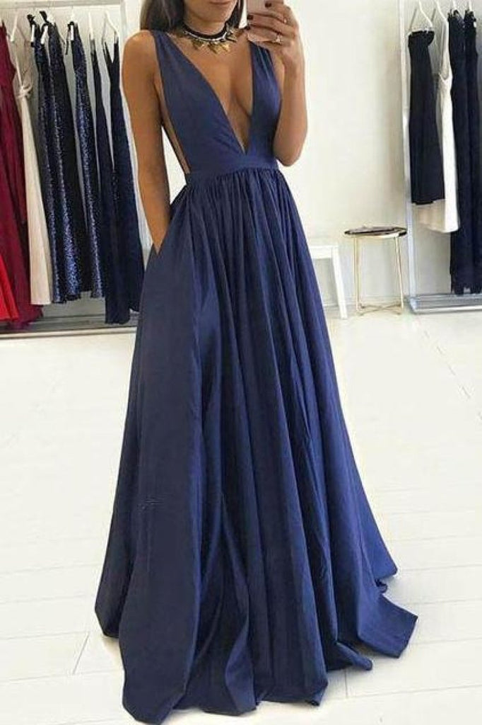 Blue Deep V-Neck Backless A-Line Navy Long Prom Dress Dresses