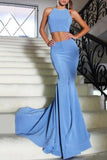 Blue Mermaid Halter Two Piece Prom Evening Dress Dresses