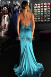 Blue V-neck Spaghetti Straps Mermaid Criss-Cross Strap Prom Dress