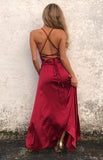 Burgundy A-line Criss Cross Straps Prom Dress With High Slit