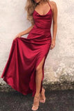 Burgundy Sexy Spaghetti Straps High Slit Prom Dress