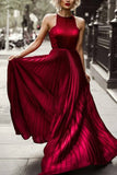 Burgundy A-line Pleated Sleeveless Evening Prom Dress