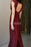 Burgundy Cap Sleeves Backless V-Neck A-Line Chiffon Bridesmaid Prom Dress Dresses