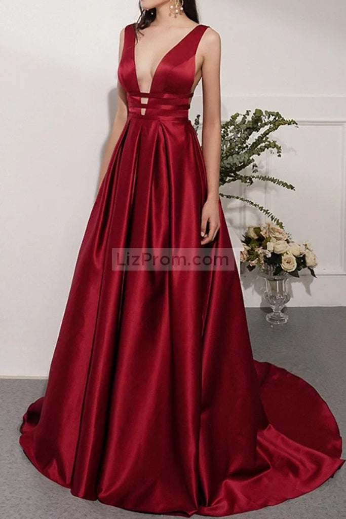 Burgundy Deep V-Neck Sleeveless Ball Gown Dresses