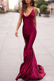 Sexy burgundy mermaid long prom dress, evening gown with the cowl neck, and spaghetti straps.
