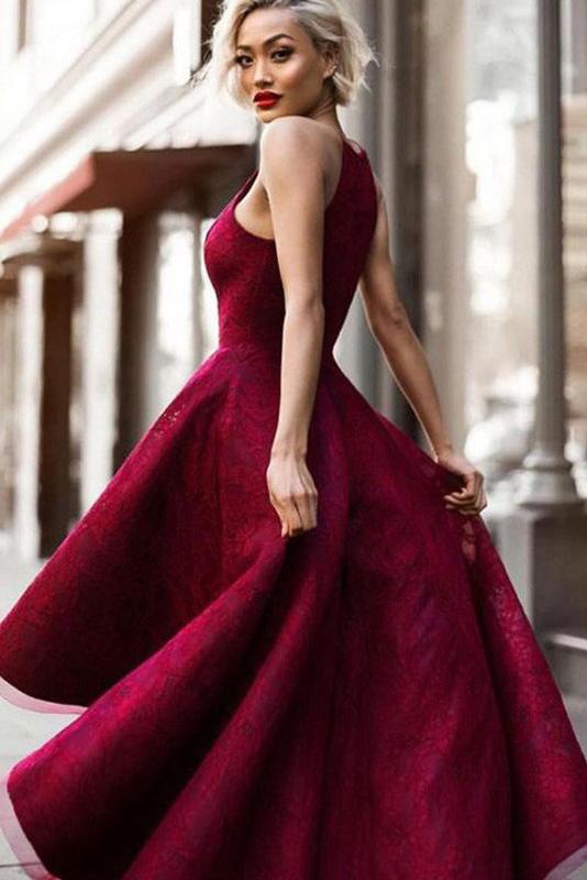 Burgundy Satin And Lace High Low Sleeveless Evening Dresses