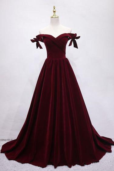 Burgundy Velvet Off-the-Shoulder Train Prom Evening Gown