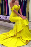Celebrity Inspired Yellow Mermaid Off Shoulder Ruffled Formal Prom Dress Dresses