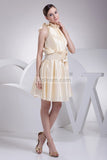Champagne Fit And Flare Short Dress WIth Bow1