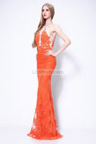 Orange Long Lace Column Halter See Through Prom Dress