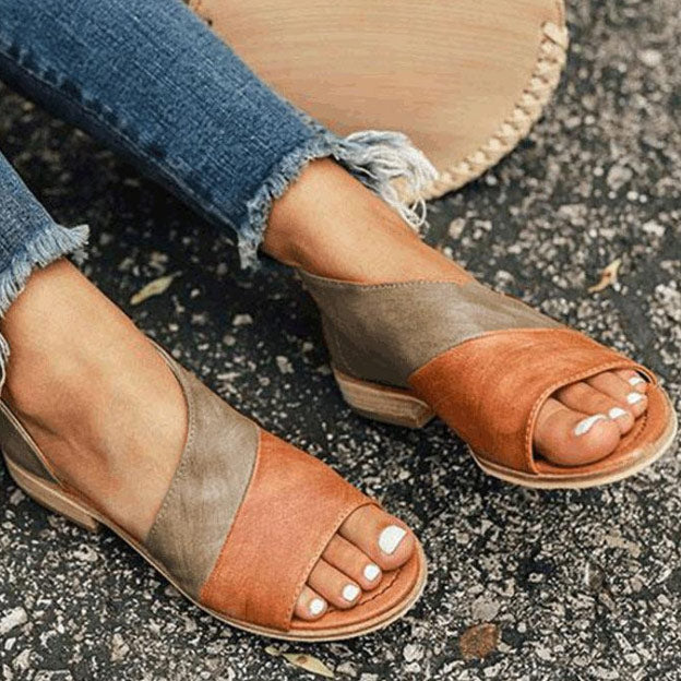 Color-block Round Open-toe Flat Heel Sandals - Mislish