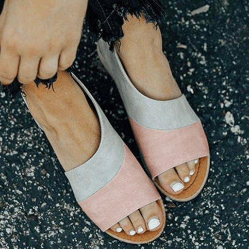 Color-block Round Open-toe Flat Heel Sandals - Mislish