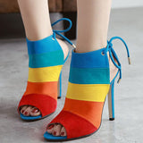 Colorful Striped Peep-toe Stiletto Heel Sandals - Mislish