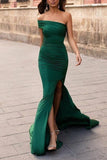 Dark Green Strapless Mermaid Slit Ruffled Evening Long Prom Dress