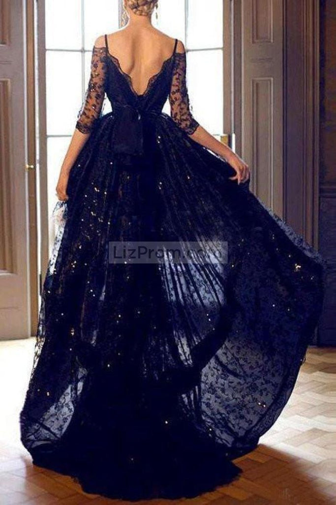 Dark Navy High Low Off The Shoulder Lace Prom Dress