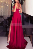 Dark Red Thigh-High Slit V-Neck Prom Dress Dresses