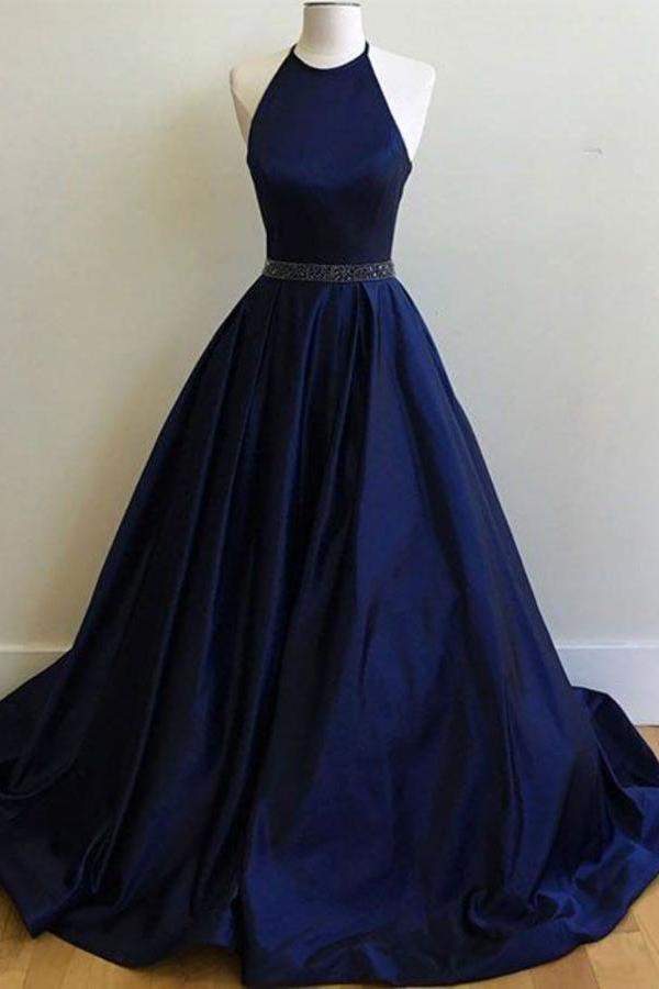 Dark Navy Elegant A-Line Halter Evening Ball Gown Prom Formal Dresses