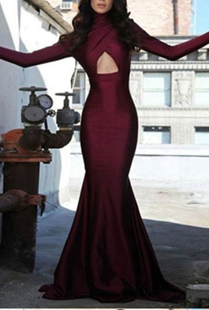 Elegant Burgundy Long Sleeves High Neck Cut Out Mermaid Prom Dress Dresses