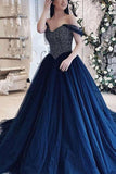 Dark Navy Off The Shoulder Backless Beaded Evening Ball Gown