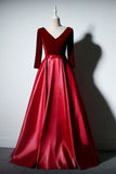 Burgundy velvet and taffeta v-neck ball gown, evening dress with sleeves.