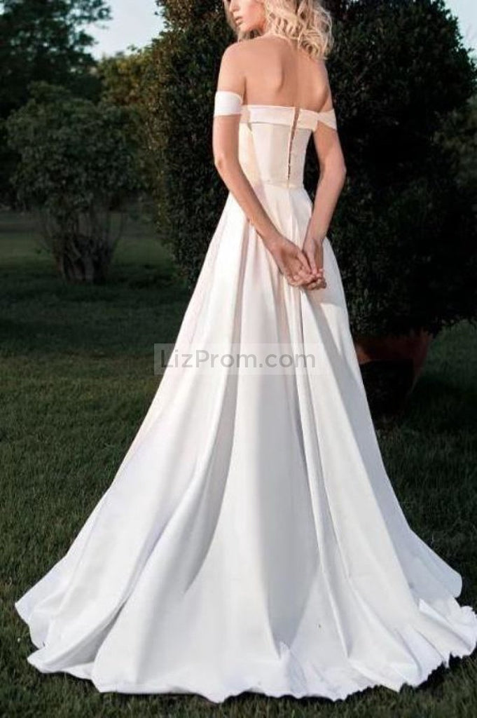 Elegant White Backless Off The Shoulder Long A-Line Wedding Dress Dresses